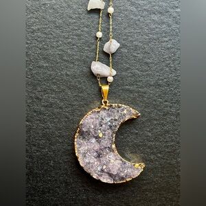 Gold and Purple Crescent Moon Pendant Necklace - NEW
